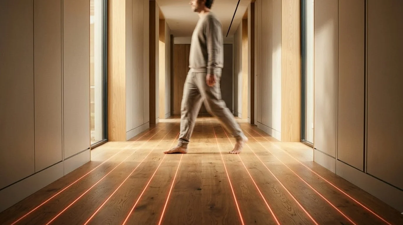 Person walking barefoot on a warm wooden hallway floor