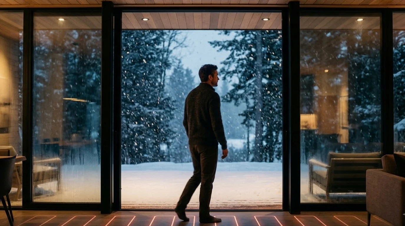 Person looking out at snow from a warm interior