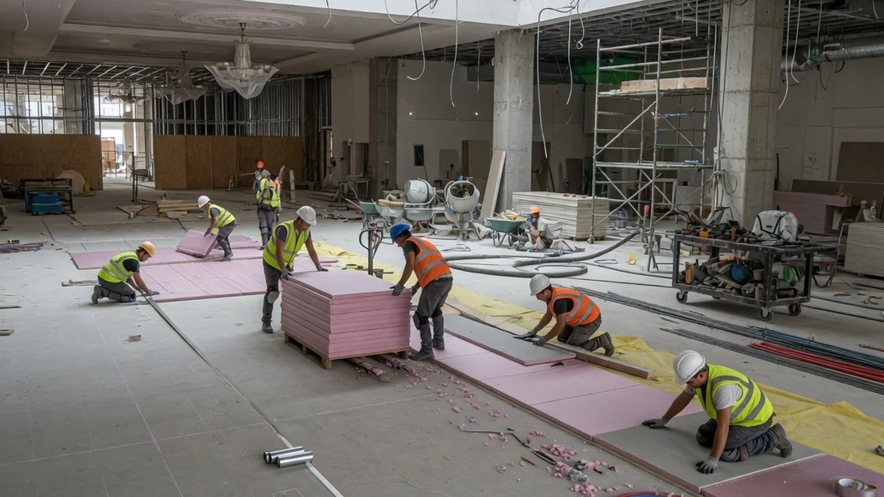 Team preparing insulation on large floorplate