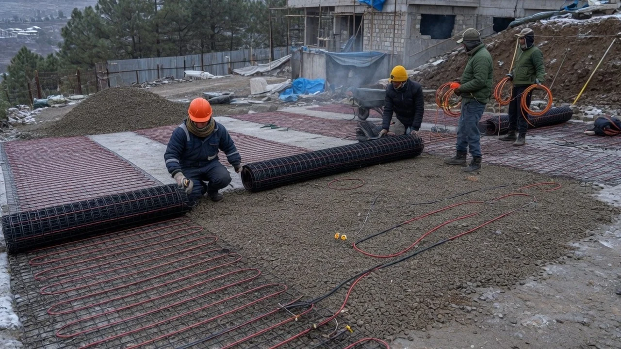 Workers installing outdoor snow-melt cable mesh