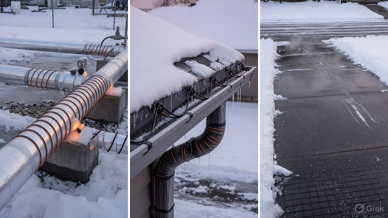Collage of pipe freeze protection, heated roofs and gutters, and a snow-free driveway
