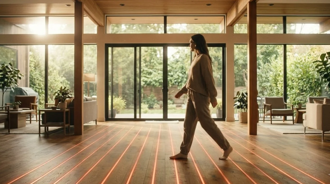 Person enjoying warm underfloor heating at home